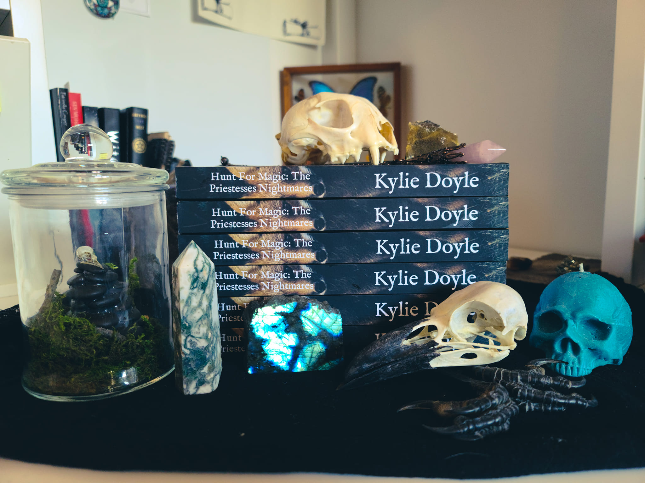 Books on an altar with crystals and skulls